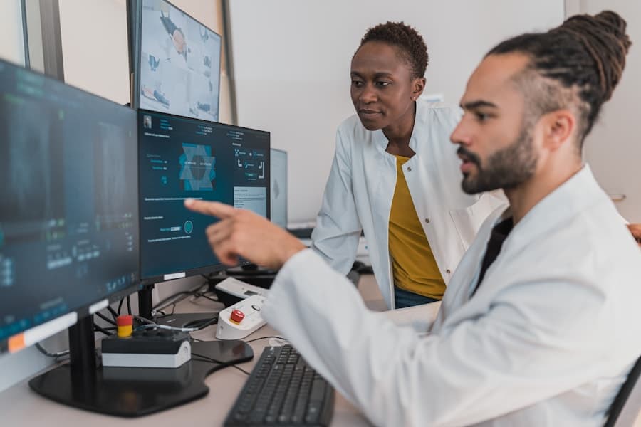A physician reviewing a personalized treatment protocol on a tablet — sci-fi-clinical, not generic.